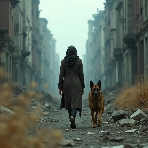 POV from behind observing a woman with a dog in a ruined city. She wears a tattered coat with a scarf. Street filled with debris and tall buildings. Atmosphere is overcast and misty with rubble in view.