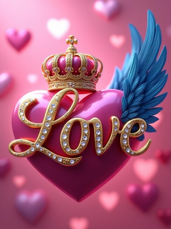 A hyperrealistic 3D render of the word Love in gold font on a pink heart background. An ornate crown with jewels is on top of Love. A blue wing extends from the right side. The background has glowing pink and purple hearts.