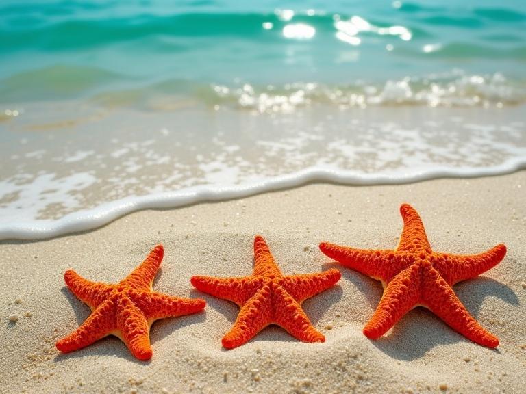Texture with red-orange starfishes the same size and form on sand and turquoise sea water background