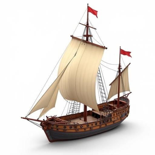 A 2D vector illustration of a medieval Venetian galleass. The ship has beige sails and red flags. The background is solid white without any lighting or shadows. The ship is centralized and fully visible in the frame, showing a construction aesthetic with clean lines and a matte finish.