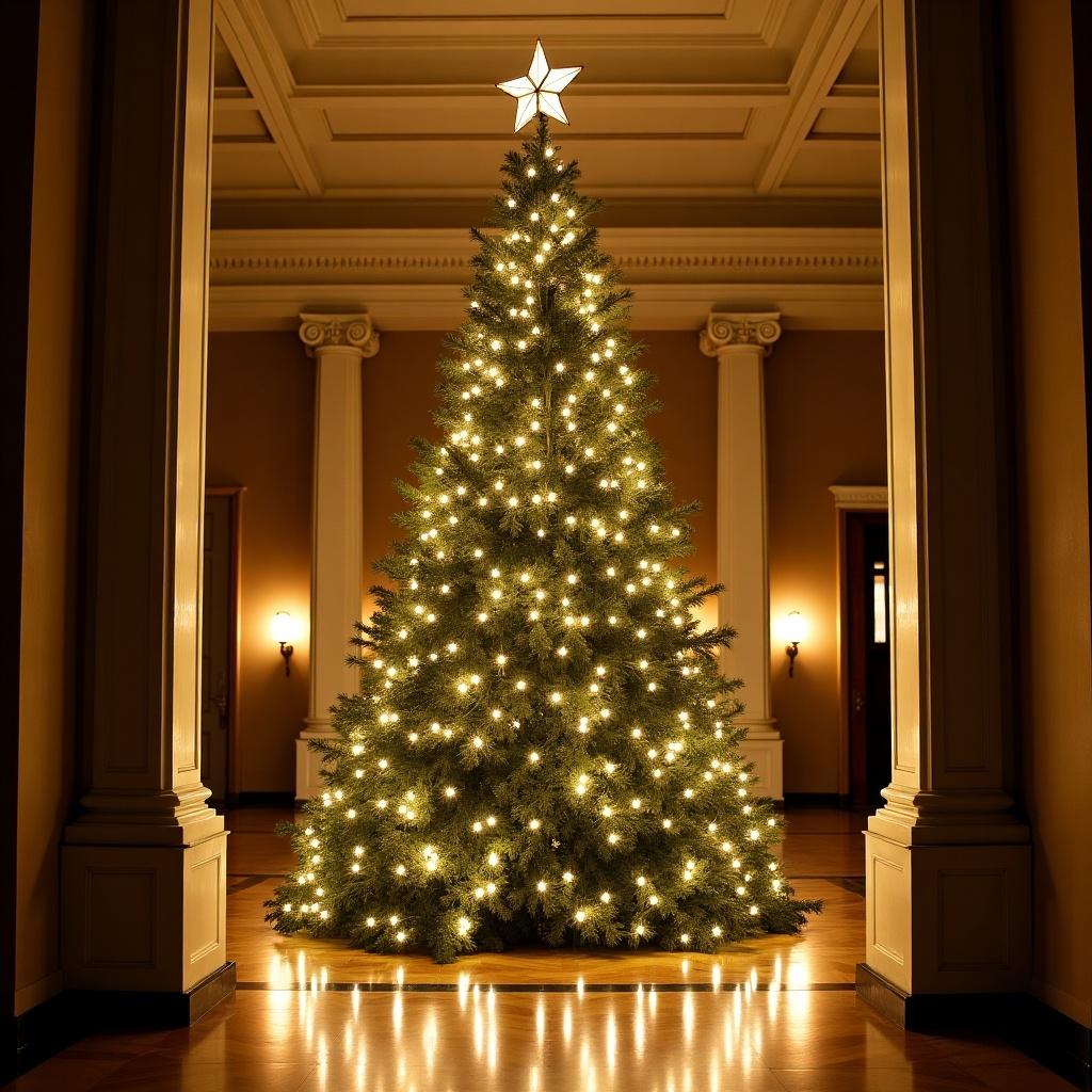 Large Christmas tree in a grand hallway. Tree is beautifully illuminated with lights. Star is positioned at the top.