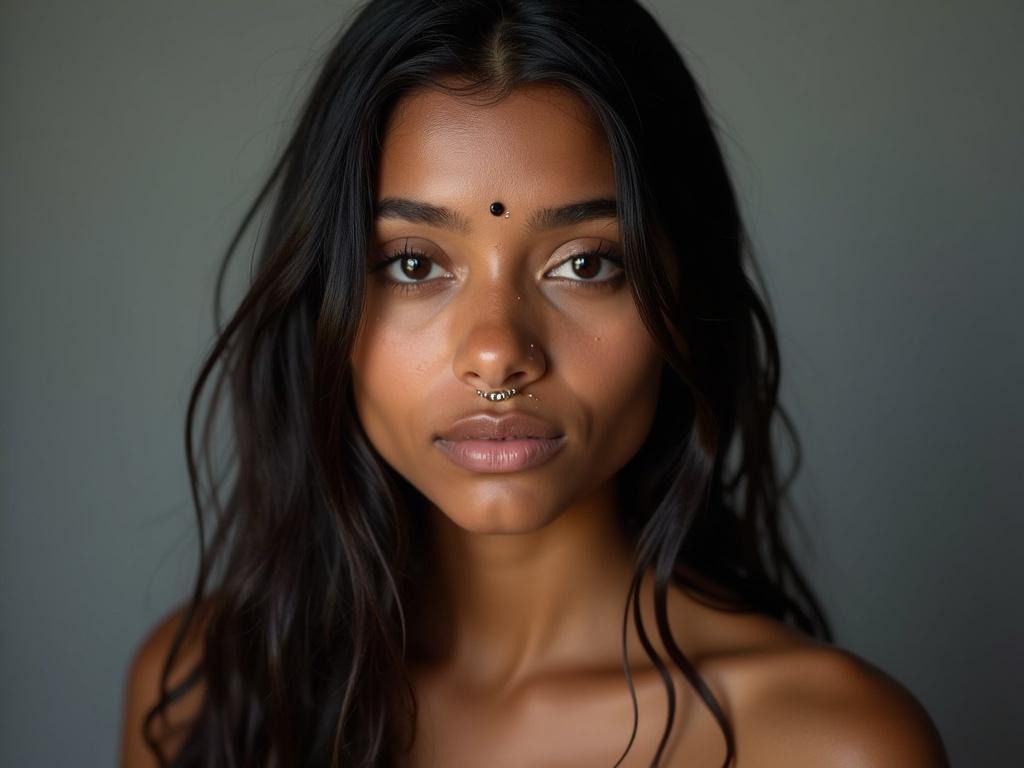 The image features a young woman with long, dark hair that appears damp, suggesting recent exposure to water. She has a light brown skin tone and a natural makeup look, accentuated with a small nose ring and a traditional forehead bindi. Her expression is calm and engaging, with large, expressive eyes. The lighting is soft and diffused, creating a gentle glow on her skin, and the background is a simple, muted gray that highlights her features. Notable details include the subtle sheen of water droplets on her face, adding a fresh and lively touch to the portrait.