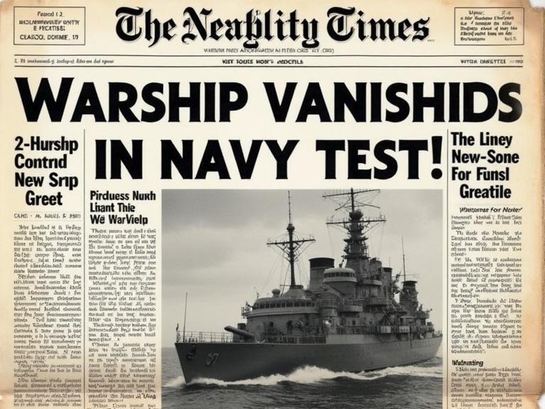 Vintage newspaper front page from 1943 with a bold headline about a warship vanishing during navy test. Black and white style with an aged and worn appearance. Mysterious tone.