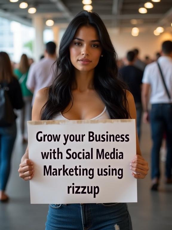Young woman stands in a crowded space holding a sign. The sign promotes social media marketing to grow business with rizzup.