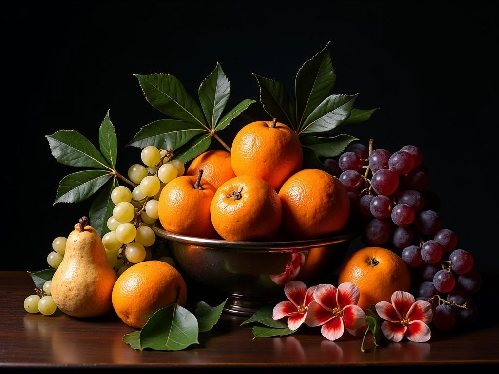 The image features a beautifully arranged bowl of oranges surrounded by green leaves, grapes, and a pear on a dark background. Bright orange oranges are the focal point, contrasting with the soft colors of the grapes and the yellow of the pear. Delicate flowers are placed at the front of the arrangement, adding a touch of color. The lighting is soft, enhancing the texture and natural sheen of the fruits. This composition embodies abundance and freshness, inviting viewers to appreciate the beauty of nature's bounty.