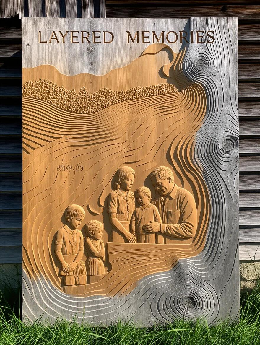 Large wooden relief carving in reclaimed barn wood. Depicts layered memories and daily life scenes. Features carved landscapes with children playing and couples embracing. Art showcases depth through topographic lines. Some areas rough with original paint and nail holes. Shadows define the figures. Soft light reveals texture and depth against a neutral background. Straight view highlighting the narrative in the wood.