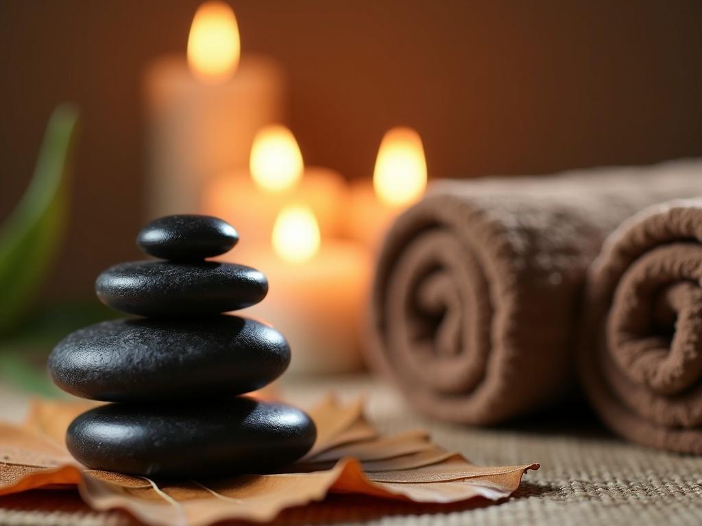 The image depicts a tranquil spa setting that radiates relaxation. In the foreground, there is a neat stack of three smooth black stones, symbolizing balance and serenity. Surrounding the stones, fallen dried leaves add an earthy touch to the serene ambiance. In the background, several lit candles create a warm and inviting atmosphere, their gentle glow illuminating the surroundings. Two rolled brown towels are placed nearby, enhancing the spa aesthetic. The overall setting suggests a peaceful retreat, perfect for unwinding and embracing calmness.