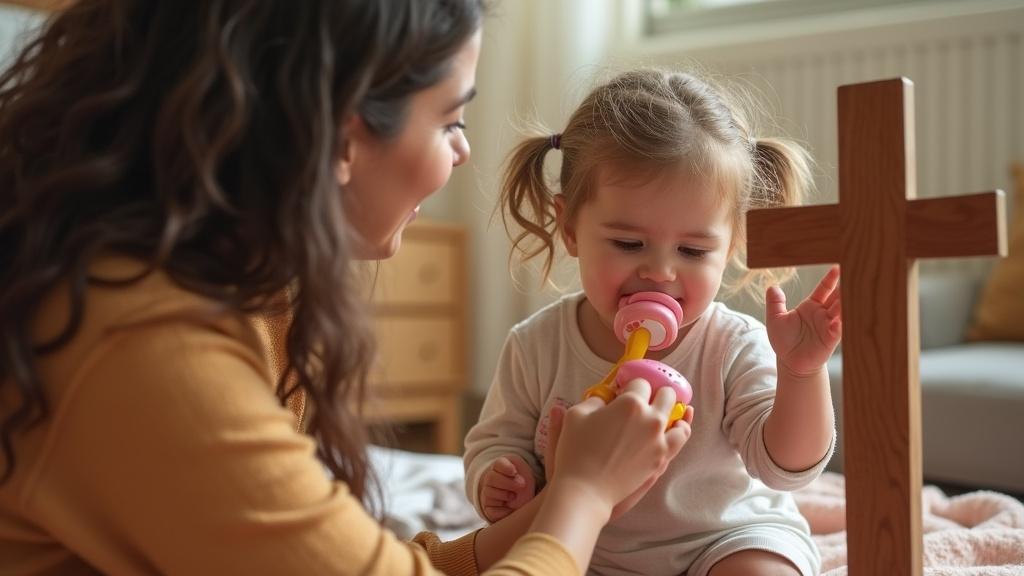 Child plays with a big pacifier while pretending to be crucified on a cross. Mother gently interacts with child using a toy hammer to tap on child's hands. Warm inviting atmosphere creates a sense of joy. Reflections of childhood innocence and imagination highlighted in the scene.