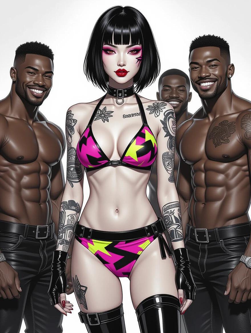 Hot Asian model in cyberpunk theme. Edgy bright bikini features asymmetric design. Black bob-cut hairstyle styled sharply. Bold makeup accentuates features. Tattoos on both body and arms. High boots add a striking look. Bending slightly to the side for an intriguing pose. Three muscular men stand beside her with sly smiles. All faces are without visible details for anonymity.