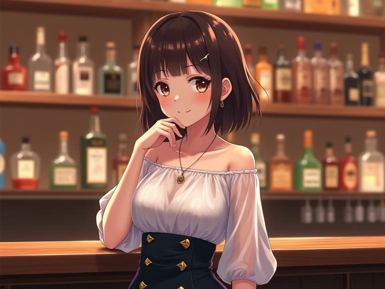 Anime style illustration of a young woman with shoulder-length dark brown hair and light brown eyes. She has a light skin tone. Outfit includes off-the-shoulder white top with sheer sleeves and a high-waisted dark skirt with gold accents. Jewelry includes earrings and a necklace. She poses with her right hand touching her chin, showing a pleasant expression. In a background of a blurred bar with various bottles, warm lighting creates a cozy setting.