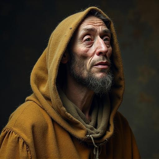 Portrait of a 30-year-old man dressed in a rough peasant hooded robe. The man has an asymmetrical face and a large hump on his back. The setting reflects circa 1500 France.