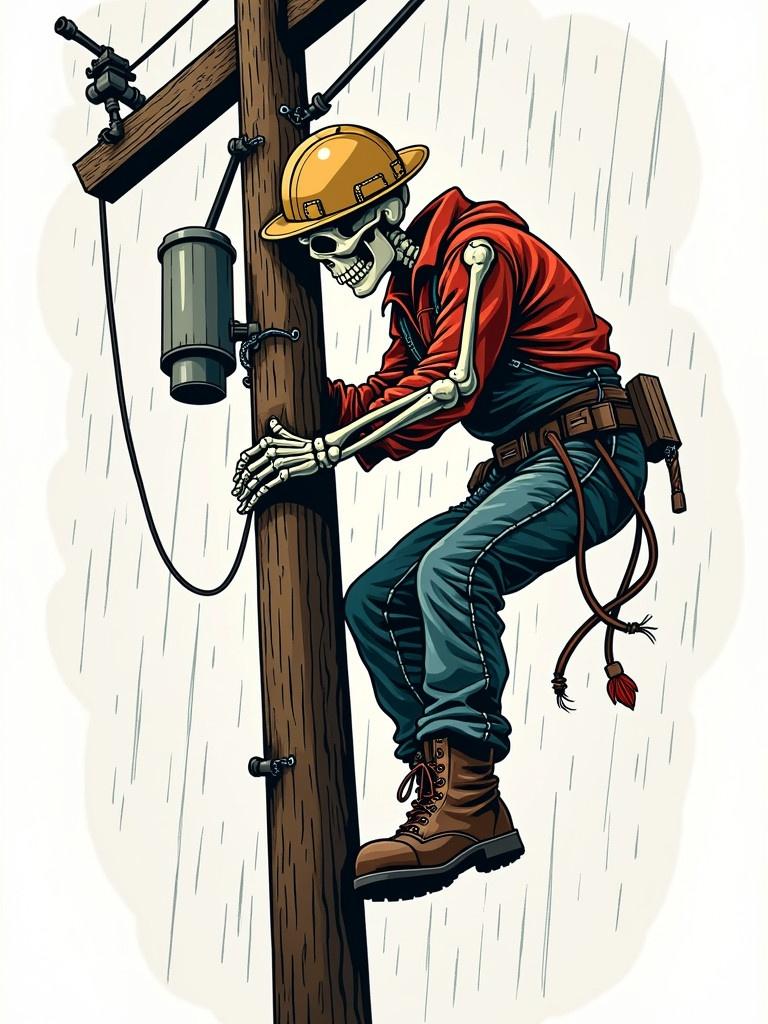 Symbolic traditional tattoo art print featuring a skeleton lineman climbing a wooden utility pole. Scene depicts drizzling rain with reflective surfaces. Comic book style with vibrant colors and retro flair. Includes complex ornamentation against a white background.