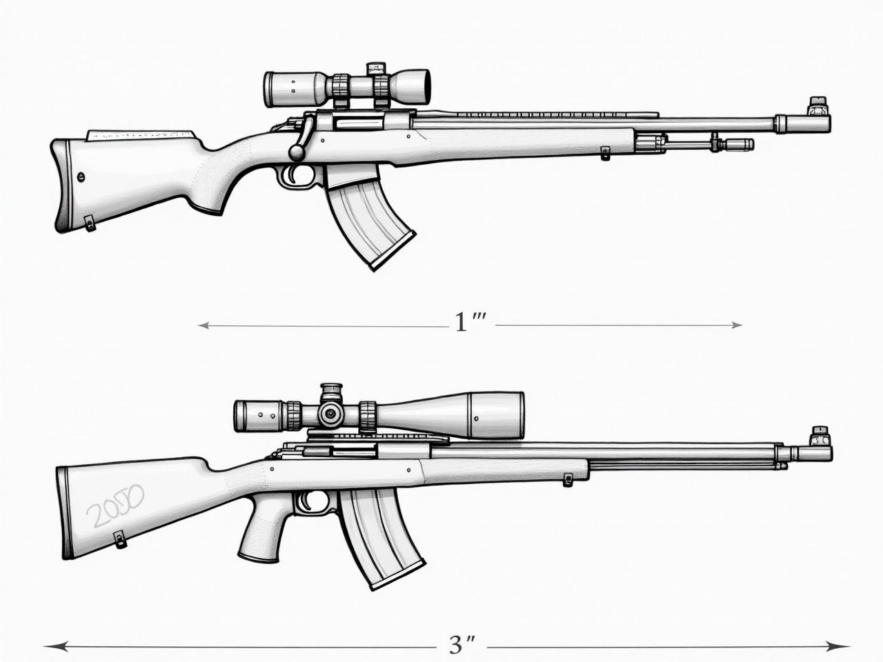 Generate a side view blueprint drawing of the weapons shown. The drawing should clearly depict the details of both guns from a lateral perspective. Use clean lines and include measurements and labels for various components. Ensure that the finish and texture are represented accurately in a schematic style. Add a neutral background to enhance the clarity of the drawing.