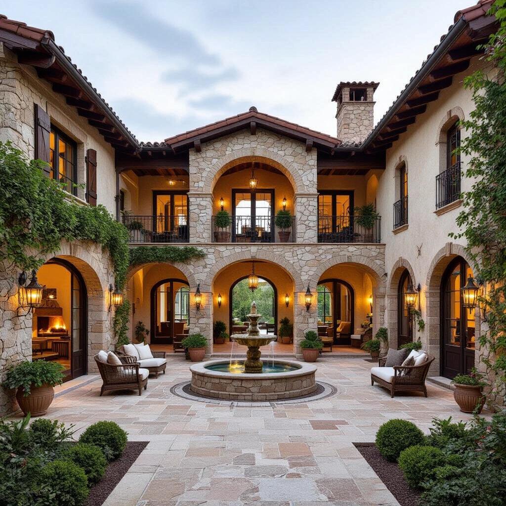 Design an elegant rustic house in an urban area. Feature grand architecture with natural stone, heavy wood beams, terracotta tiles, and wrought iron. Include large terraces, a courtyard with a fountain, rustic columns, and a fireplace. Surround with urban gardens and gravel paths for a harmonious blend of nature and city. Aim for a warm and powerful atmosphere during golden hour.