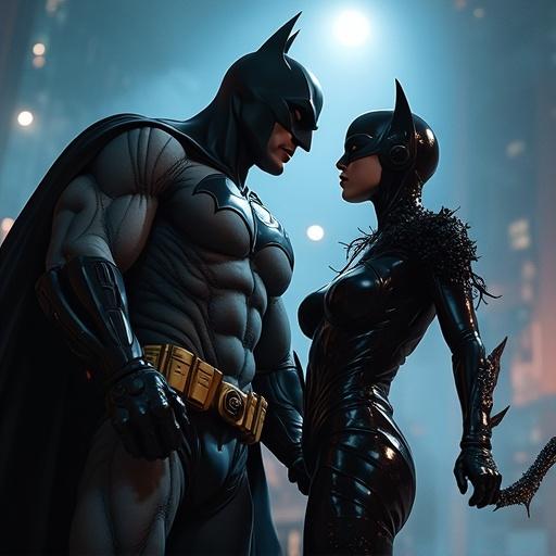 Illustration of two iconic superheroes engaged in a dramatic confrontation. Batman in a dark costume appears muscular and dominant. Catwoman in a sleek black suit displays agility and strength. Urban backdrop creates a moody atmosphere.