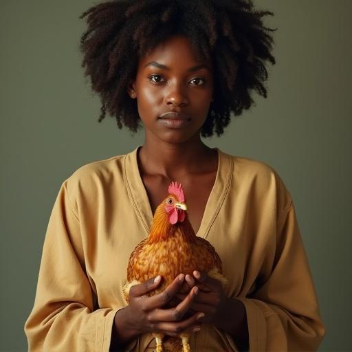 A hyper realistic picture features a young black woman cradling a chicken. The scene captures the richness of the subject and the connection with the animal.