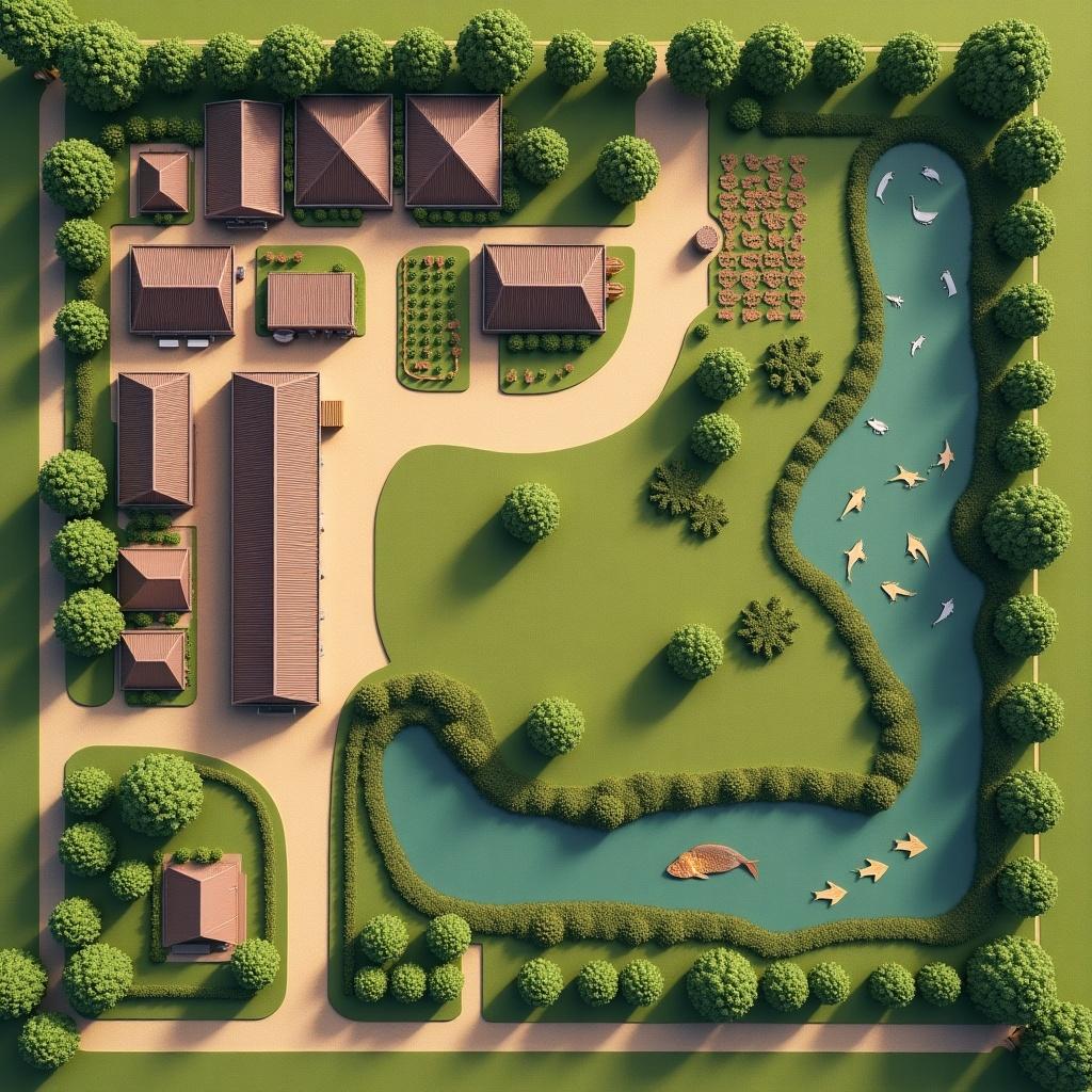 Aerial view layout for a 2.5-acre farm. Includes dairy unit for 5 cows, duckery and fisheries with a pond, horticulture plants around boundaries, crop production area, and pathways with buffer zones.