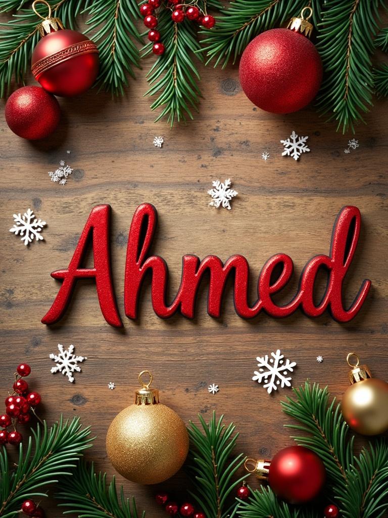 Festive Christmas-themed design. Centered name 'Ahmed' in bright red. Surrounded by gold and red ornaments. Decorated with evergreen branches. Snowflake decorations included. Textured wooden background. Ideal for personalized greetings.