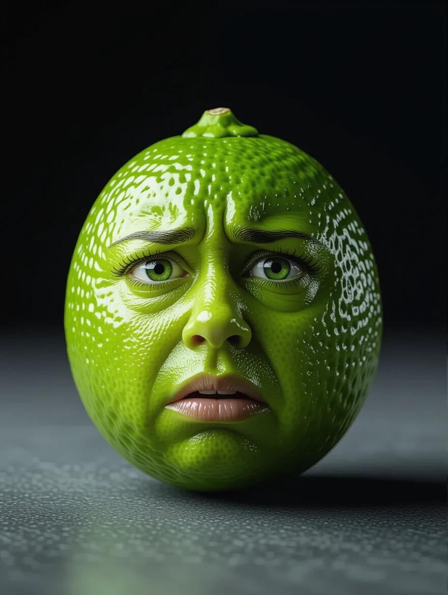 Create a photorealistic image of a lime with a detailed human face expressing horror. A contrasting black background enhances the image. The lighting is dramatic and cinematic in style.