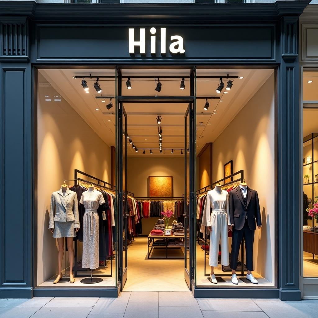 Front fashion store named Hila. Store focused on men and women clothing. Displays of formal and casual clothing visible.