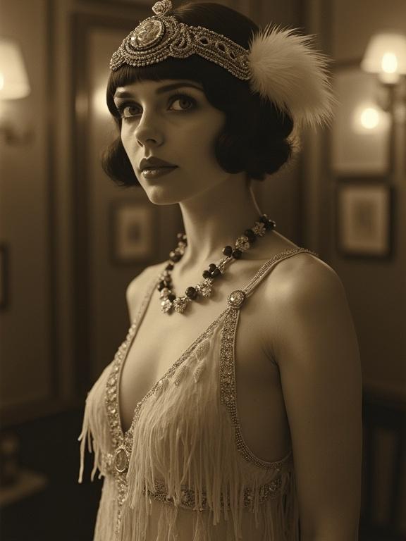 Vintage photo of a stunning slender singer in a 1920s speakeasy. She wears a stylish flapper dress. The image has a soft focus and sepia tone. Feathers and beads adorn her attire. The photograph resembles the style of early 1900s photography.