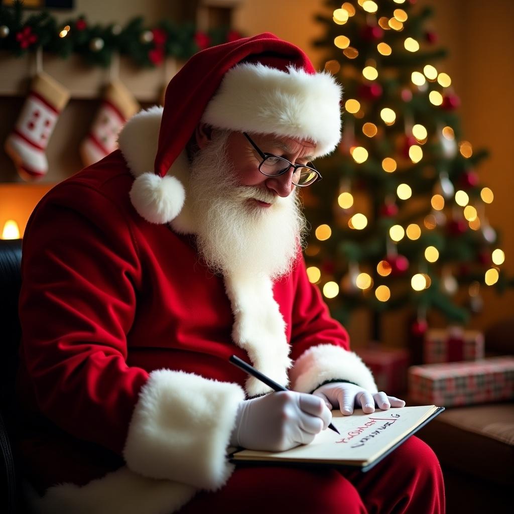 Santa sitting and writing on a notepad. Christmas tree in the background with decorations. Warm lighting enhances the cozy feel.