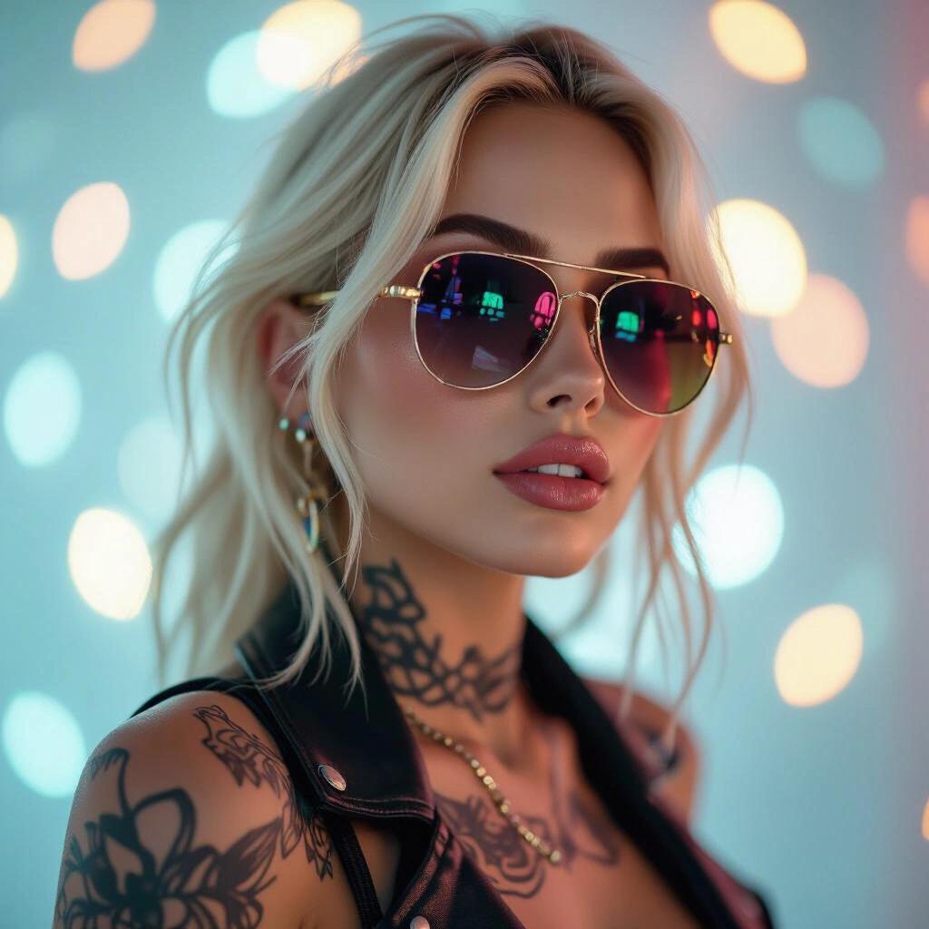 Album cover featuring blonde woman with tattoos wearing sunglasses. Soft colorful lighting creates a dreamy atmosphere. Background with bokeh effects. Glamorous styling enhances the look.
