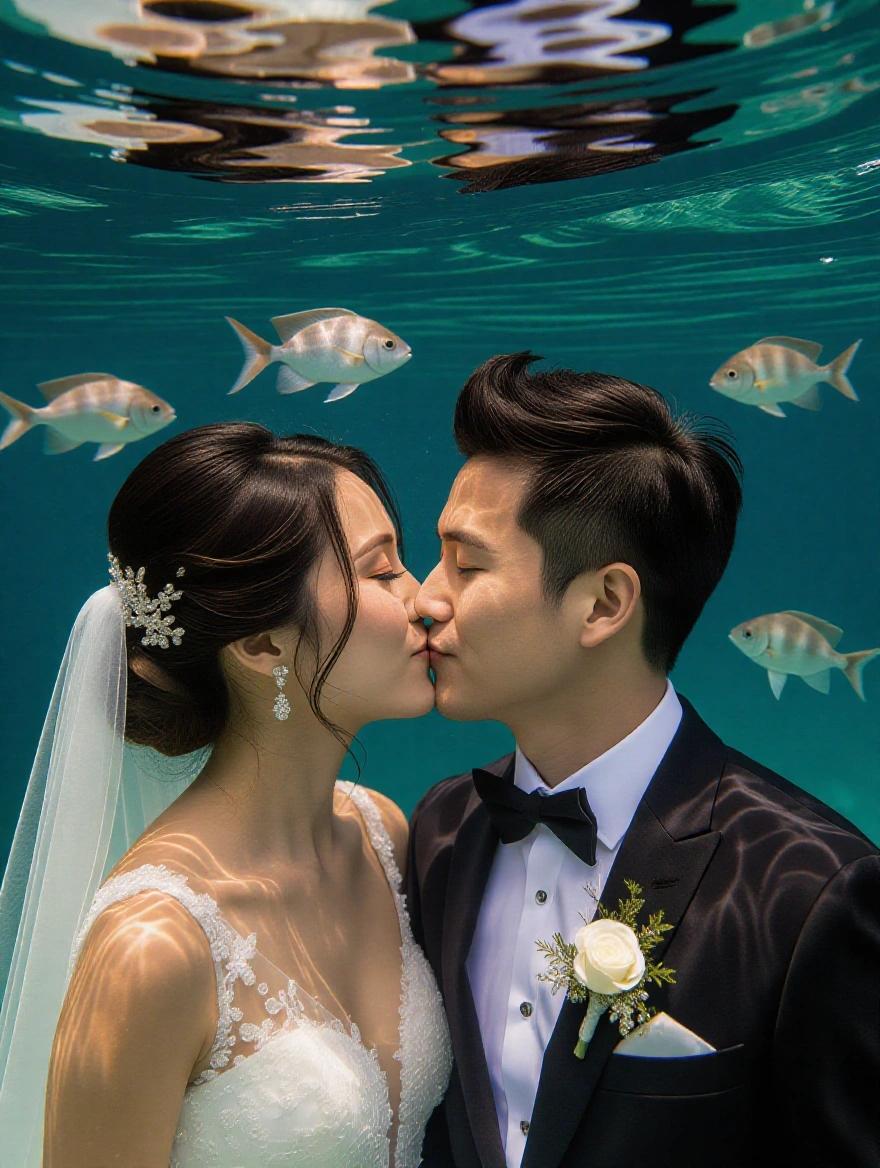 A photograph featuring an Asian wedding couple kissing underwater with fishes surrounding them. The couple wears black suits and a white flower on the left side of the bride's head. The background is dark gray. The image is captured from a high angle and is hyper-realistic with a romantic mood.
