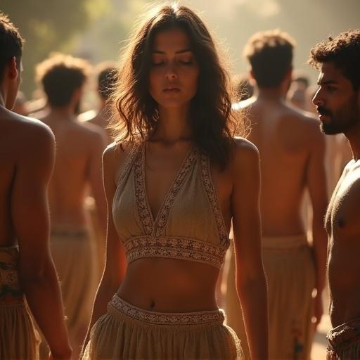 A woman stands in the center surrounded by men in a warm setting. The scene has an ancient civilization vibe. Characters wear traditional attire. The atmosphere suggests interaction and cultural representation.