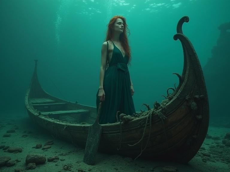 A woman stands in a sunken ship. She has long dark red hair and a serene expression. She wears a deep teal-green gown. She holds a broken oar. The ship is dark brown and decayed. The underwater scene is mysterious. Light diffuses from above giving a glow. The composition focuses on her journey.
