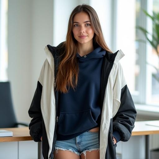Young woman stands in a bright modern room. She leans on a desk. The outfit consists of a black and white jacket and a zipped navy hoodie. The hoodie is unzipped to show a white waistband. She wears denim shorts that are partially unbuttoned. Long brown hair falls freely. The expression is neutral with a slight smile. Natural light fills the room. The image is in high detail and photo-realistic style.