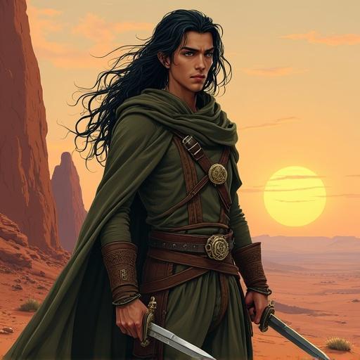 Hand-drawn illustration with a young half-elf character wearing a dark olive cloak and ranger outfit. Character holds two short swords and has an investigator badge. Desert landscape with large red rock formations as background. The scene includes soft warm lighting that suggests a sunrise or sunset. Highlight the dramatic shadows and cinematic composition.