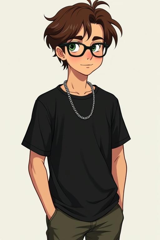 Masculine tall boy with brown hair and green eyes. He has a nerdy look. He is a university student wearing a black shirt and pants. Hands in pockets with a silver chain necklace and glasses. He is standing relaxed.