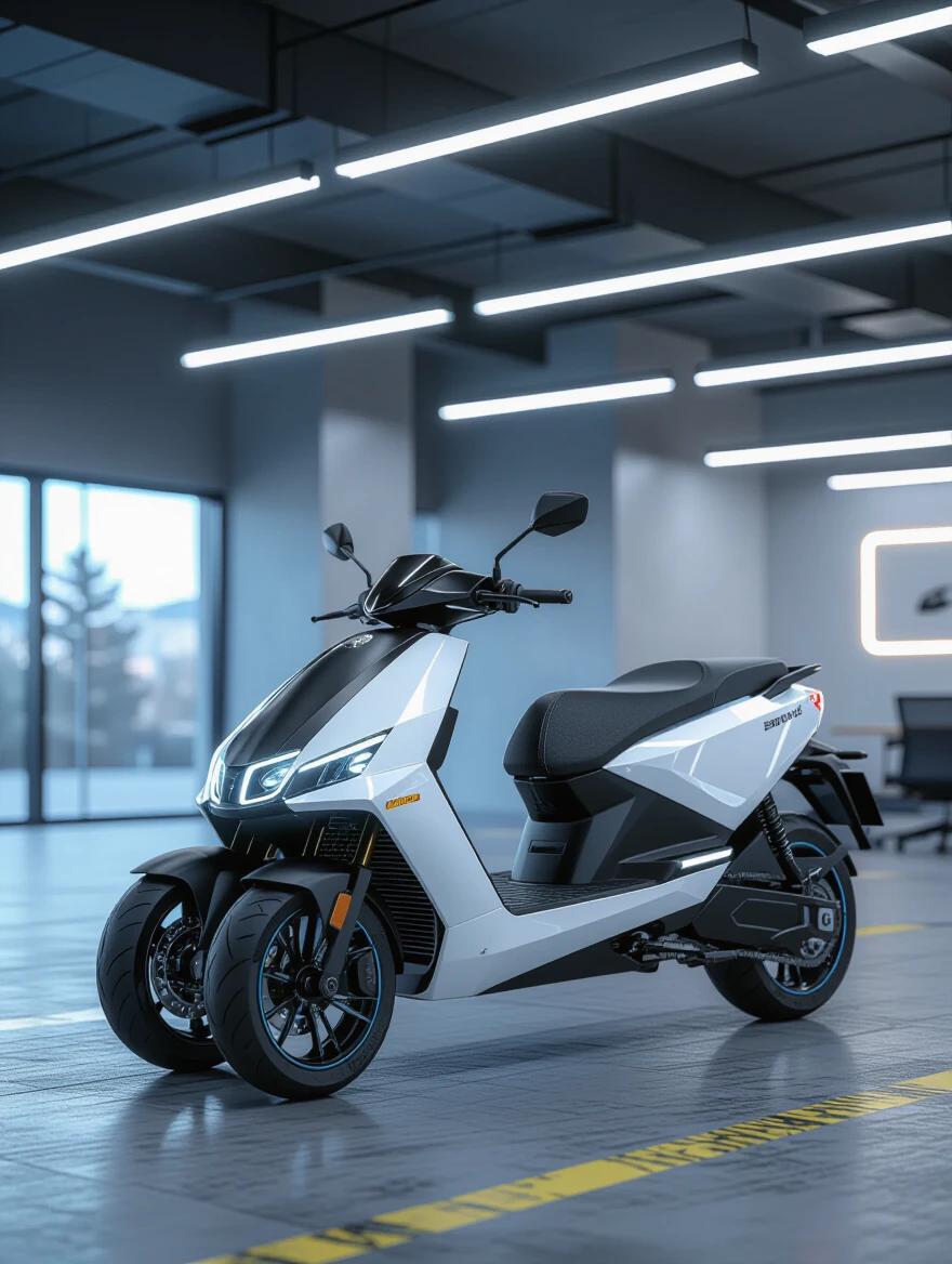 Vehicle design featuring a sporty electric tricycle. Aerodynamic with two front wheels and one wide rear wheel with a supportive arm and suspension. Modern and disruptive design with efficient appearance. High-speed adaptation. A rectangular front light bar instead of standard headlights. White color with cyan accents, single seat, realistic render.