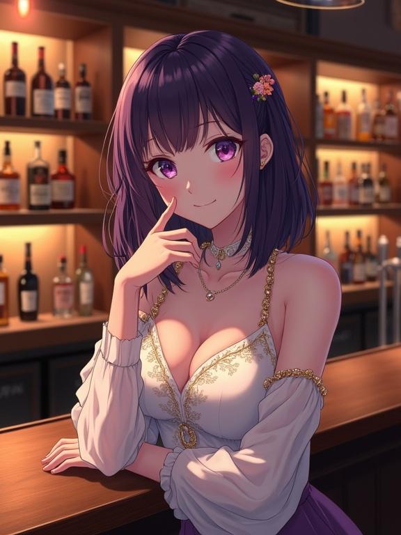 Image features a sexy lady rendered in anime art style. She has shoulder-length dark violet hair styled with bangs. Her eyes are light violet and expressive. The character has a light skin tone and gentle expression. She wears a white blouse with gold embroidery and voluminous sleeves. The dark violet fitted skirt complements her outfit. She wears jewelry and is posed with her right hand near her chin. The background shows a dimly lit bar with shelves of alcoholic beverages. The atmosphere is warm and inviting with polished wooden surfaces.