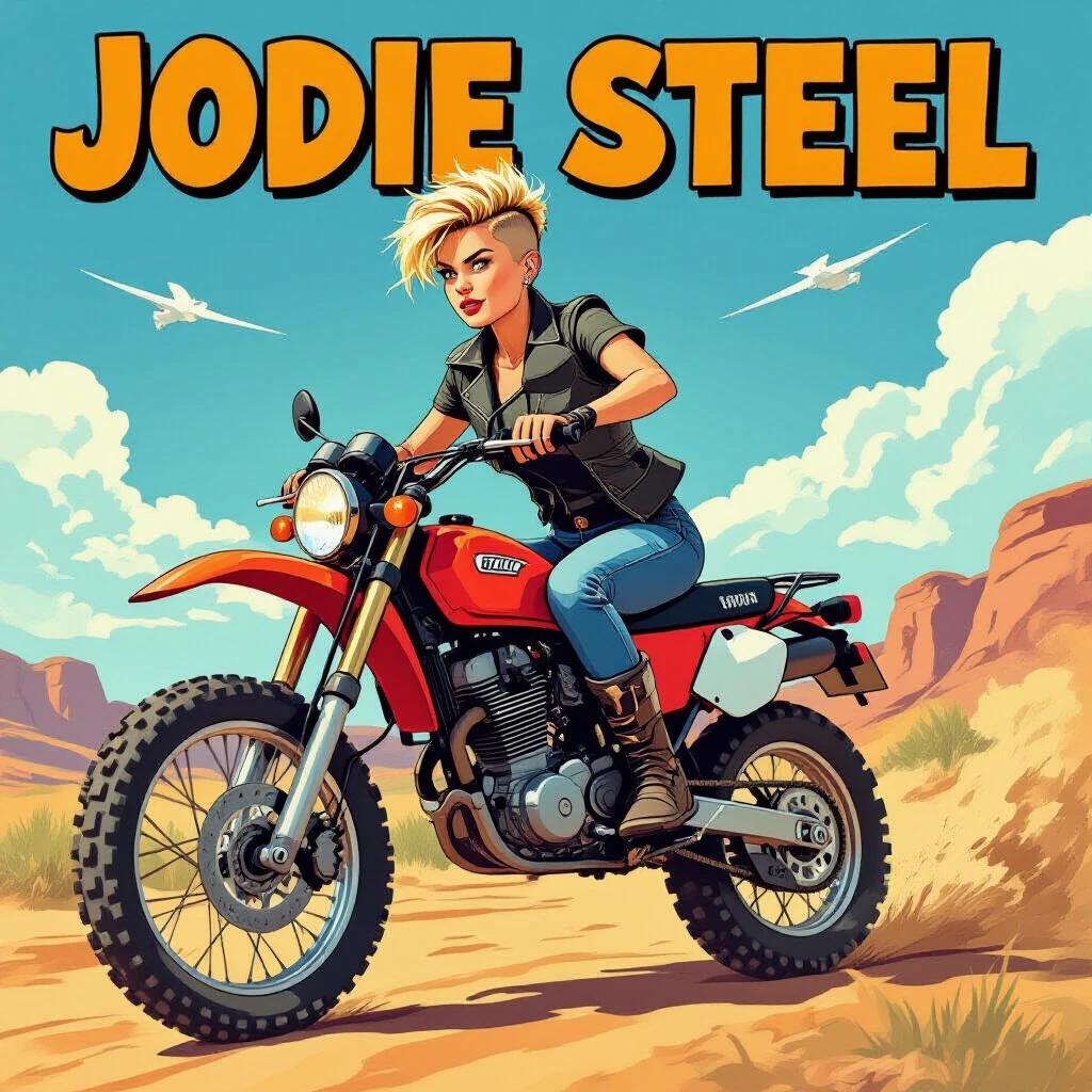 Comic-style image showing confident girl riding off-road motorcycle. Jodie Steel performs wheelie with front wheel in air. Side view portrays girl with stylish short hair. She wears white shirt knotted in front and denim shorts. Black motorcycle boots complete her look.