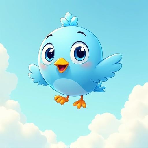 Cartoon style blue chick flying in a bright sky. The chick has an expressive face with large eyes and a small orange beak. Clouds are present in the background.