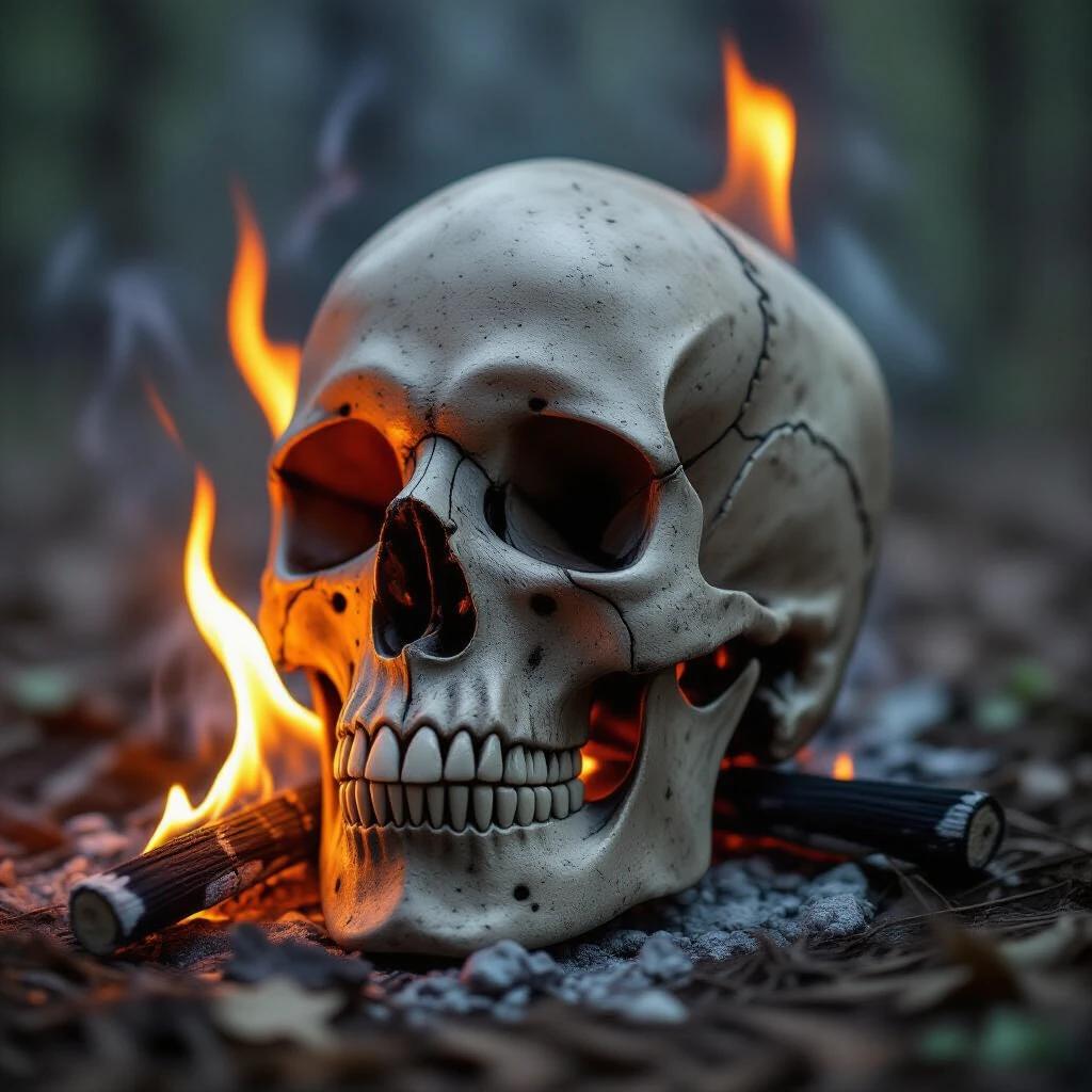 A skull is surrounded by flames in a bizarre scene emphasizing realism.