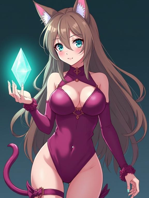 Anime woman with long light brown hair. She has cat ears and blue eyes. Wearing a dark pink body suit and pink combat heels. Holding a teal glowing crystal in her hand.