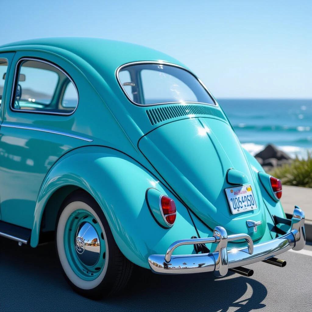 A vintage 1950s Volkswagen Beetle in shiny turquoise paint parked near the ocean. The car occupies 80% of the frame. The turquoise ocean waves crash against cliffs in the background. Water droplets are visible on the hood. Long exposure captures mist over the ocean.