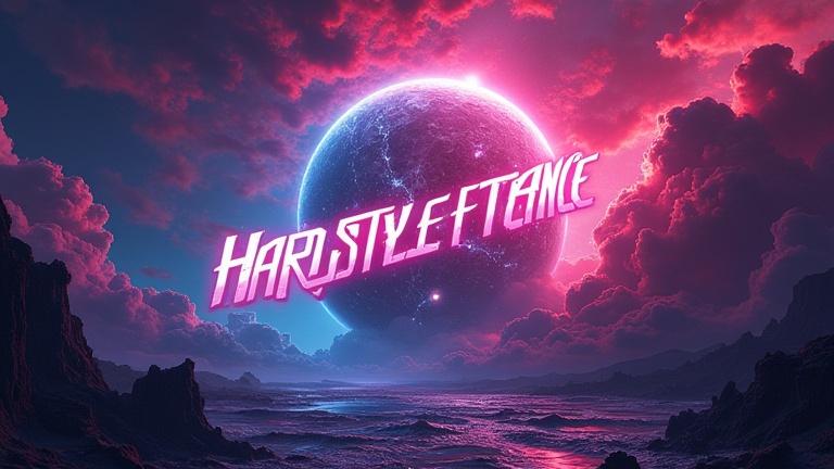 Album cover featuring futuristic text 'Hardstyle Trance - DJ Hypertronixx'. Vivid neon colors showcase a cosmic landscape.