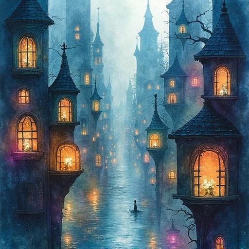 Surreal cityscape with iridescent colors. Labyrinthine architecture. Atmospheric watercolor style with salt texture. Dreamlike urban scene with glowing lights and twisting buildings. Ethereal color palette with organic crystalline textures.