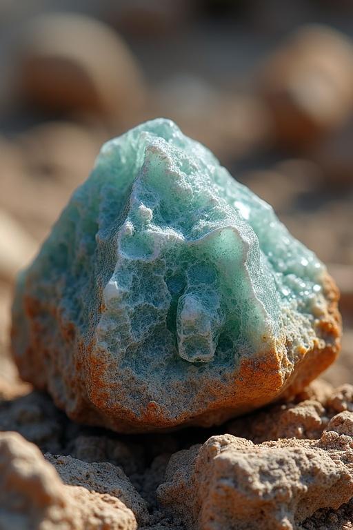 Close-up view of a rough, uncut gemstone with jagged edges. The gemstone has natural crystal formations with earthy textures and patches of dust. It rests on rugged rock or soil, illuminated by natural lighting that creates shadows. The image exhibits realistic mineral tones in ultra HD quality.