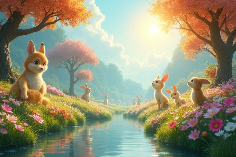 A panoramic view of a lush green landscape with flowing streams and colorful flowers. Anthropomorphic animals interact harmoniously, illuminated by bright daylight. The scene feels magical and dreamlike with incredible detail.