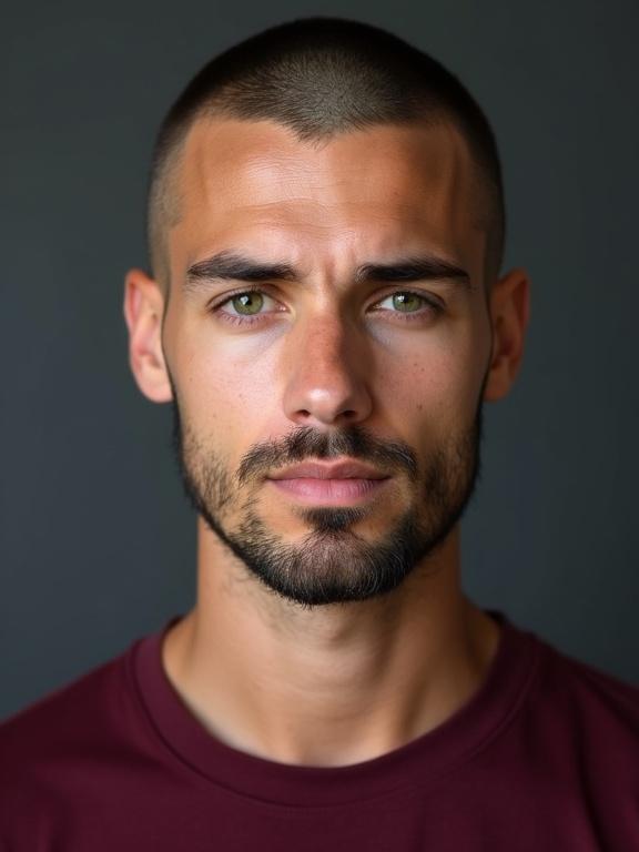 Studio portrait photograph of a young man with green eyes and a shaved beard. He has a closely shaved head and is wearing a deep burgundy t-shirt that complements his complexion.
