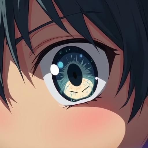 Close-up of a man's beautiful eye with only half of his face shown. Reflection in the eye shows his younger self happy and innocent while the present self appears tense and emotionless. Anime art style.