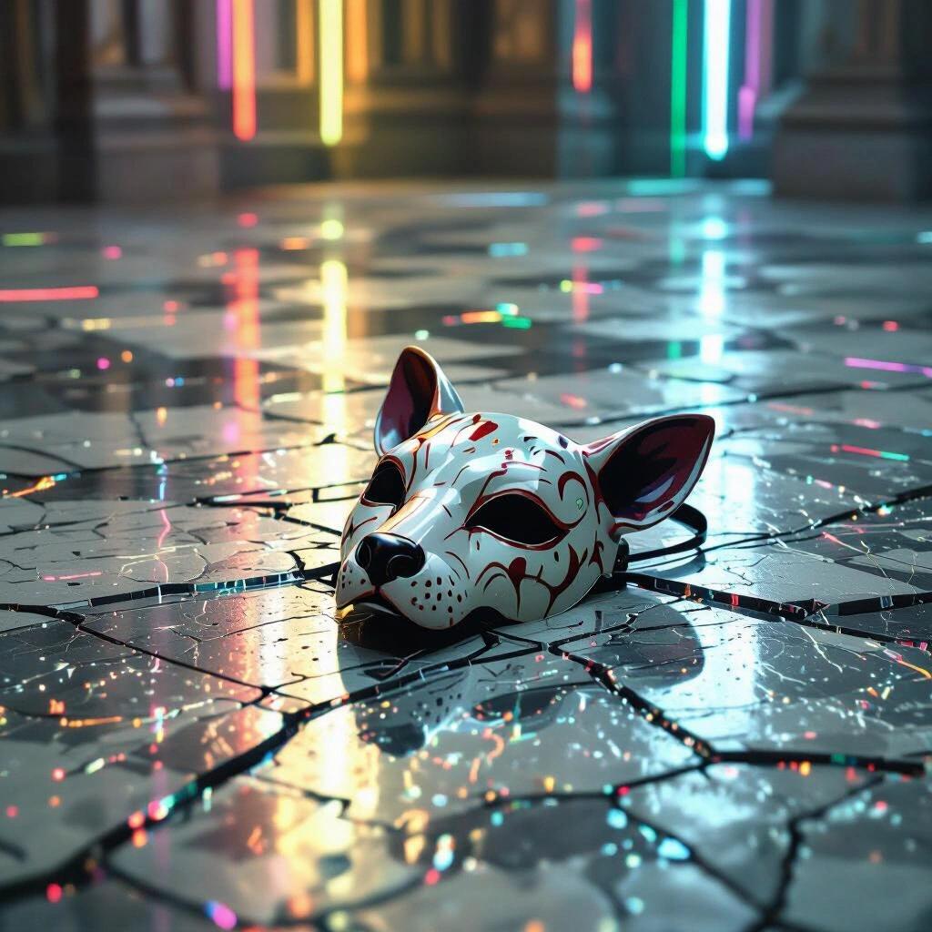 Distorted animal mask lying on a cracked mirrored floor. Digital interference lines and shifting color bands bleed from the edges of the mask.