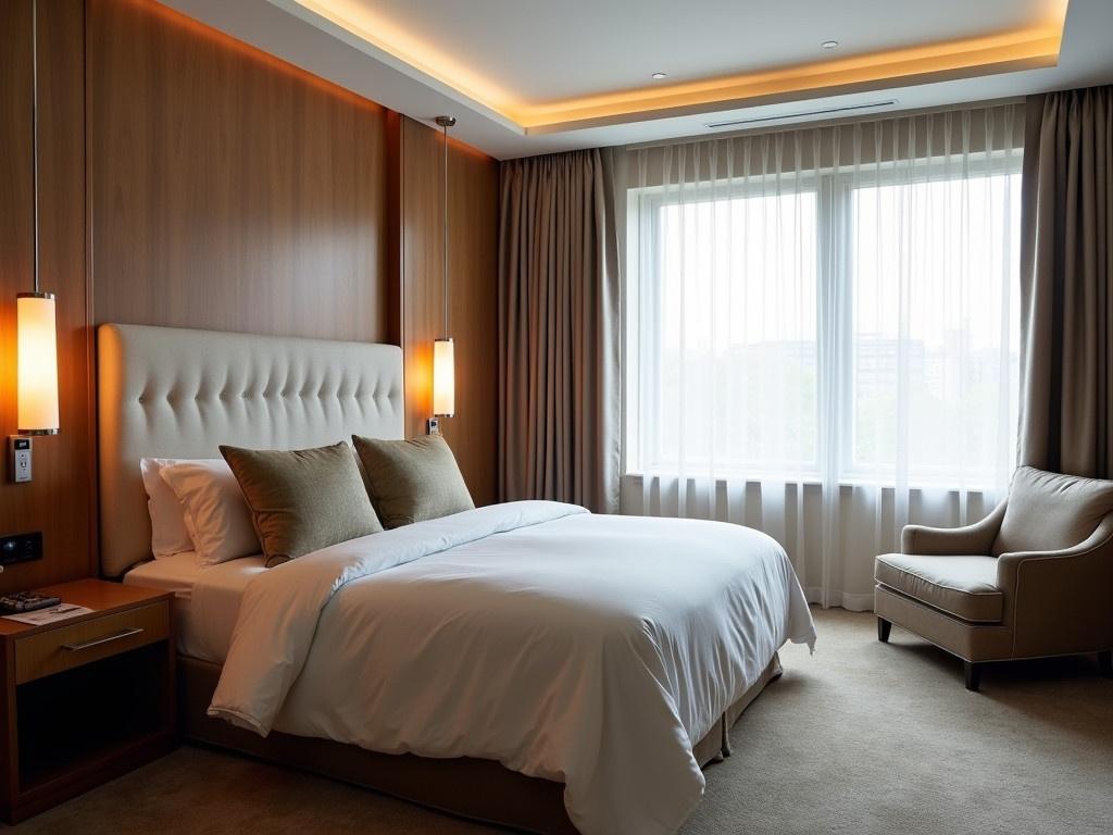 The interior of a modern luxury hotel room is showcased in this image. The room features a plush bed with a large, cushioned headboard, adorned with decorative pillows. Soft, warm lighting from stylish wall sconces accentuates the elegant wood paneling. The large windows draped in sheer curtains allow natural light to flood the space, enhancing the cozy atmosphere. A comfortable armchair is placed in the corner, complementing the modern decor. The floor is carpeted, contributing to the room's luxurious feel.