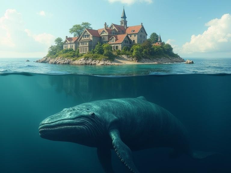 Island with houses on top and old blue whale under water. Style of hadal Surrealism. High resolution. Detailed, natural color grading, hyper-realistic and cinematic lighting.