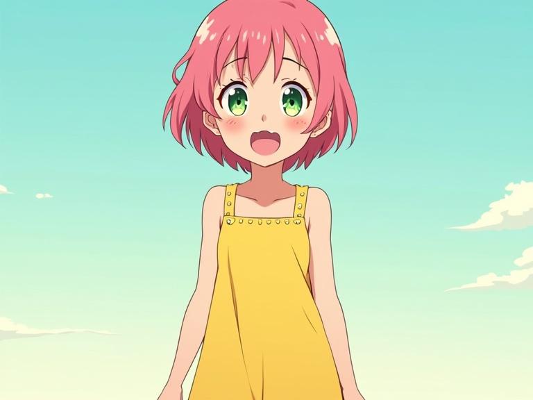 Anime character with pink hair smiling playfully. Dressed in a modest yellow sundress with a peanut pattern and red sandals. Arms raised joyfully, featuring bright green eyes and flushed cheeks. Short pink hair flowing gently. Anime style with childlike proportions and vibrant colors.